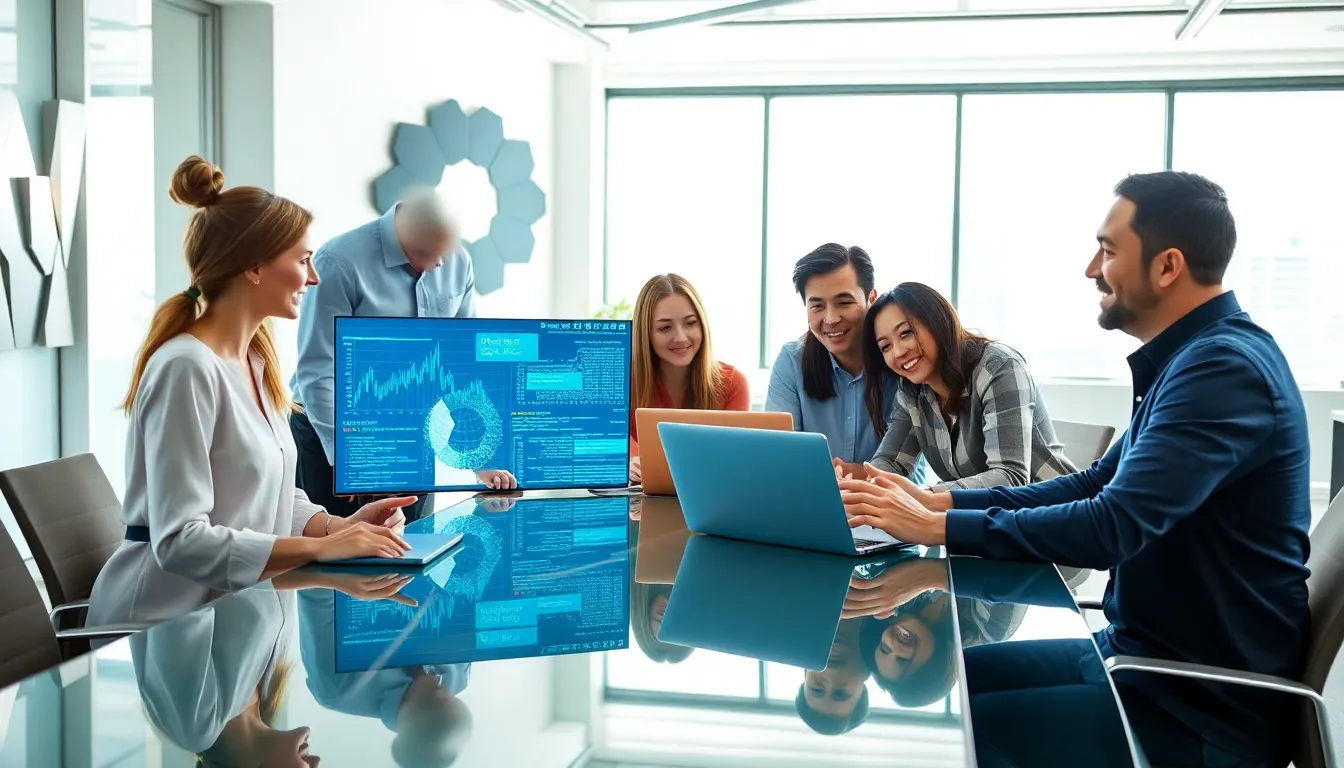 diverse team discussing data analysis in a modern office.